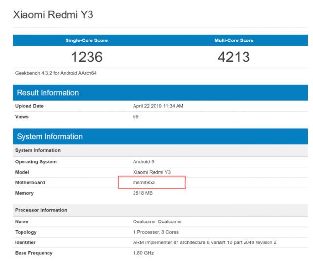 Xiaomi Redmi Y3 appeared on the GeekBench website