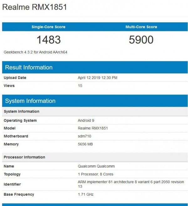 Geekbench and Bluetooth SIG Reveals Key Specifications of Realme 3 Pro