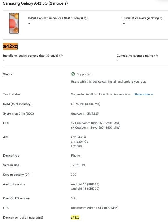 Samsung Galaxy M42 5G Specification on Google Play Console listing