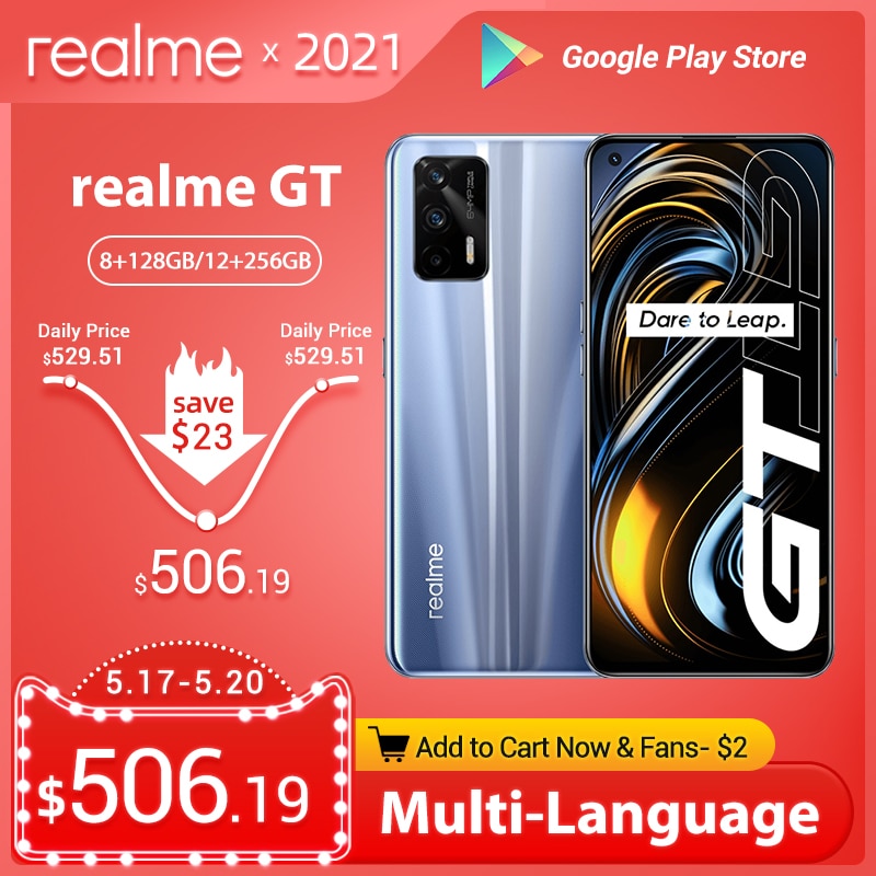 Original Realme GT 5G Smart Phone Snapdragon 888 120Hz 6.43" AMOLED Screen 3D Glass Body 4500mAh 65W Super Charge NFC Android 11